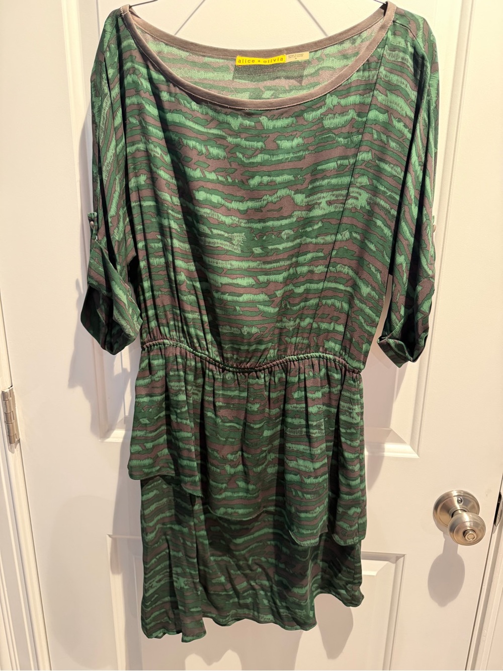 Alice + Olivia Green and Gray Striped Midi Dress